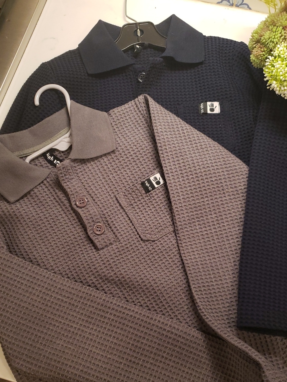 Kids Long Sleeve Waffle Polo Top - Navy and Gray